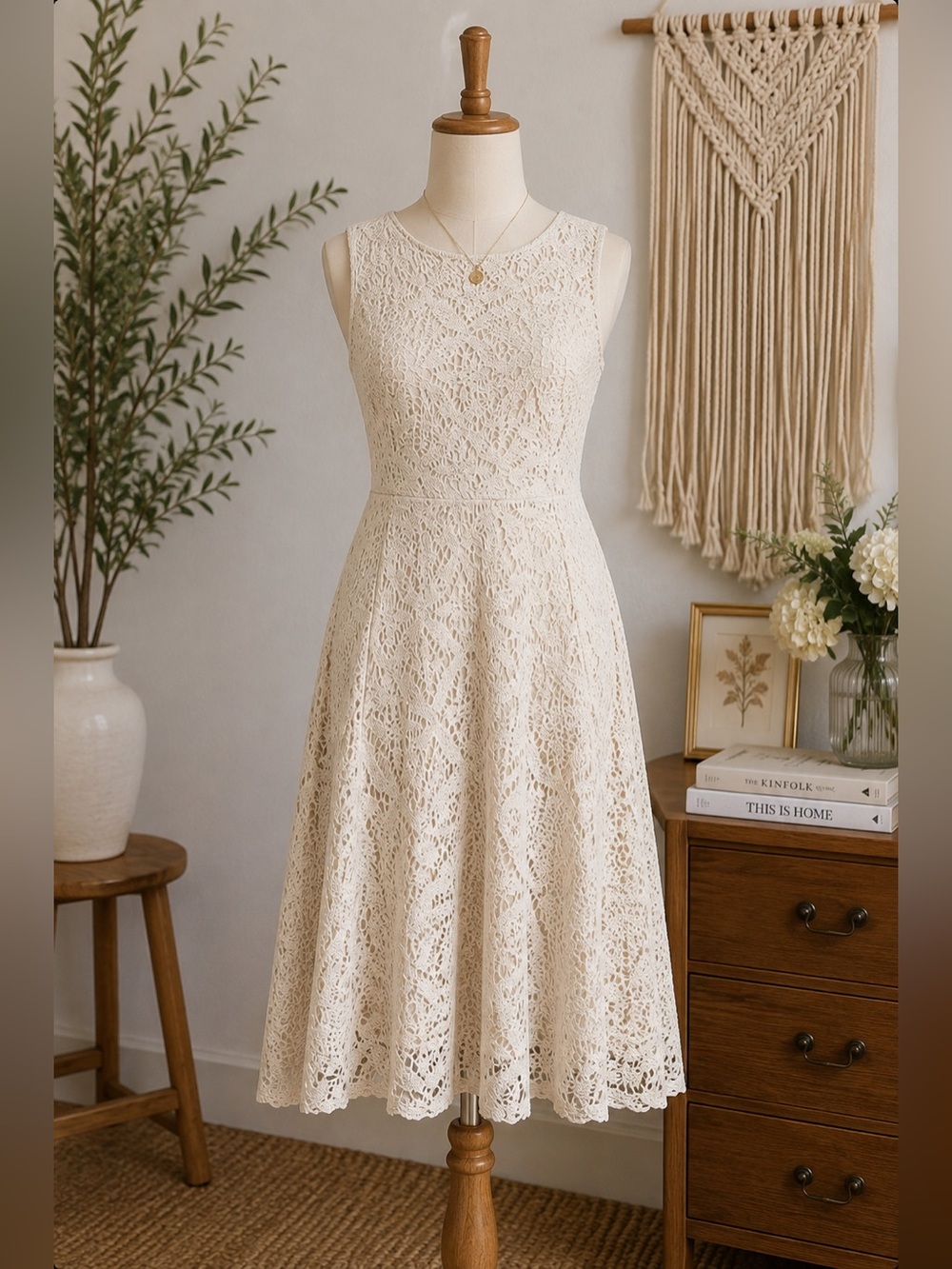 London Times Cream Lace Midi Dress Sleeveless Fit & Flare Cottagecore Size 6
